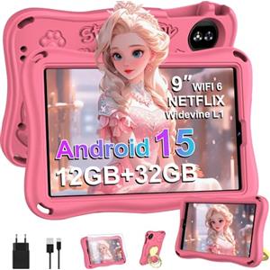 SUAAT Tablet per bambini Android 15, schermo da 9 pollici, 12+32 GB (1 TB TF), WiFi 5G, iWAWA, Widevine L1, GMS, 5+8 MP,Assistant AI,5000 mAh, controllo parentale, con custodia protettiva Eva- Pink