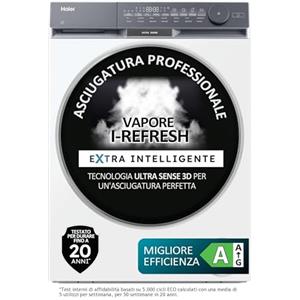 Haier X Serie 9 Asciugatrice 9 Kg a Pompa di Calore, Libera Installazione, Classe A, Twin Turbo, Ultra Sense 3D Tech, Wi-Fi e App hOn, Filtro 3in1, I-Refresh, 84.5x59.5x68 cm, Bianca - HD90-AQ387U1-IT