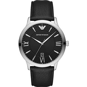 Emporio Armani Orologio Uomo, movimento a tre lancette con data, cassa in acciaio inossidabile 43 mm, cinturino in pelle, AR11210