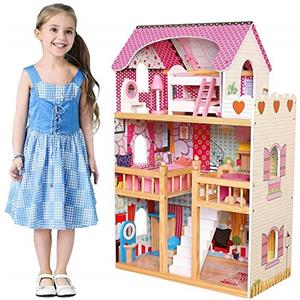 BAKAJI Casa delle Bambole Giocattolo per Bambini Realizzata Interamente in Legno 3 Piani 5 Stanze Curata in Ogni Dettaglio con Mobili e Accessori Gioco Dimensione 60 x 30 x H90 cm (61 x 30 x 91 cm)