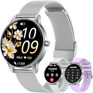 TAOLOON Smartwatch Donna Orologio Chiamate Bluetooth: 1,27" Tondo Touch Orologi Smart Watch da Impermeabile Sport Fitness Contapassi Cardiofrequenzimetro Pressione Caloriec Argento Polso Android iOS Telefono