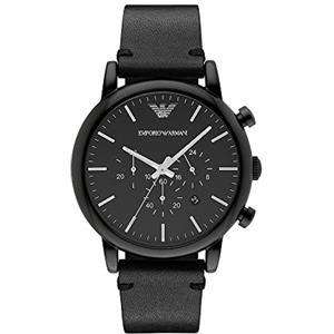 Emporio Armani Orologio da uomo, movimento cronografo al quarzo, cassa in acciaio inossidabile nero da 46 mm con cinturino in pelle, AR1918, Nero, 46 mm