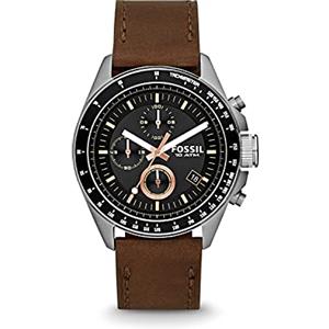 Fossil Orologio Decker da uomo, movimento cronografo al quarzo con cinturino in pelle., 44 mm, Marrone