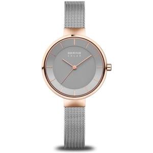 BERING Solar 14631-369 Orologio da polso da donna, cassa in acciaio inossidabile color oro rosa da 31 mm e quadrante grigio, cinturino in maglia milanese, vetro zaffiro, 5 ATM