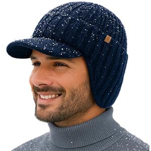 TOP-EX DryKnit - Berretto invernale da uomo, impermeabile, 80% lana merino, con fodera in pile e paraorecchie, M-XXL, Blu, XL/XXL