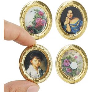 Odoria Casa delle Bambole Quadri Miniatura: 1/12 Scala Pittura Ovale Dorato Vittoriano per Galleria Soggiorno e Salotto Vintage - Mini Arte Carta Dipinto Parete Camera da Letto Antico 4 Pezzi