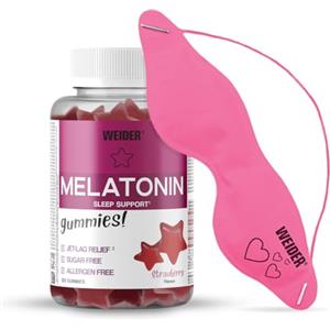 Weider Pack Melatonin 120 Gummies Sapore Fragola + Mascherina Bellezza per gli occhi, 1mg melatonina/caramelle gommose, Contro l'insonnia e jet-lag, Allevia i disturbi del sonno (per 4 mesi)