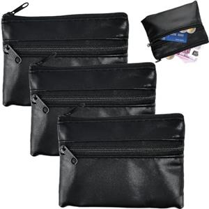 WEFHEF 3 Pz Portamonete in PU Pelle,Mini Portamonete Portatile,Portafoglio con 2 Scomparti e Doppia Cerniera,Borsellino Portatile PU Nero per Carta, Moneta, Documento d'Identità