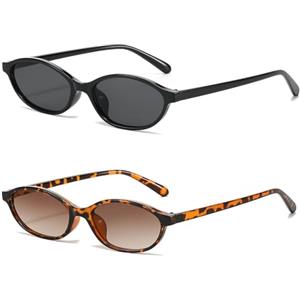 YAMEIZE Retrò Occhiali da Sole Ovali per Donna Occhiali Occhi di Gatto Ovali Piccoli Vintage Anni 90 Occhiali da Sole Stretta Protezione UV400 Nero+Leopard Brown