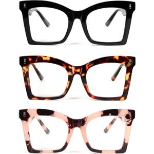 KoKoBin 3 confezioni di occhiali da lettura quadrati da donna oversize con cerniera a molla anti luce blu occhiali (Confezione da 3, 1, x)