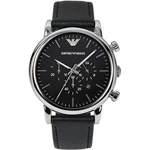 Emporio Armani Orologio Uomo, movimento cronografo, cassa in acciaio 46 mm con cinturino in pelle, AR1828, Nero e Argento, 46 mm