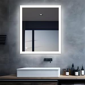 MIQU Specchio da bagno a LED con illuminazione 80 x 60 cm, specchio da bagno, grande con pulsante touch/parete, bianco, 6500 K, luce da parete per WC, corridoio, angolo