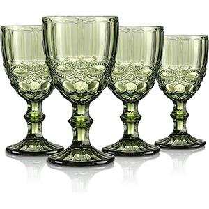 Joeyan Verde Vintage Bicchiere da Vino Vetro con Sollievo,Colorato Bicchieri da Vino Bianco per Cocktail Cava Acqua,300 ml,Set da 4 Pezzi,Lavabile in Lavastoviglie