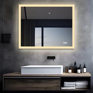 MIQU Specchio da bagno a LED con illuminazione 80 x 60 cm, specchio da bagno grande con touch, dimmerabile, caldo/bianco, senza appannamento, per WC, corridoio, angolo