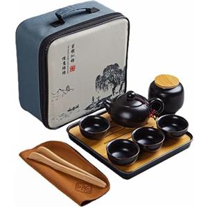 Webao Set di teiera, servizio da tè cinese Kungfu, teiera in ceramica con 4 tazze e vassoio porta tè, set da viaggio per tè sfuso, nero