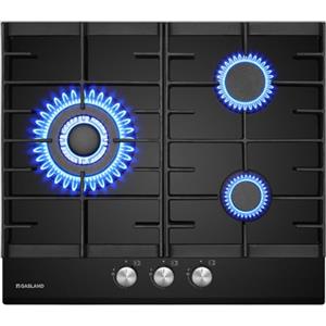 GASLAND GH603BF piano cottura a gas in vetro con bruciatore wok, 3 fuochi, piano cottura a gas da incasso, 60 cm, vetro nero, fornello a gas butano da 6200 watt, GPL/gas naturale