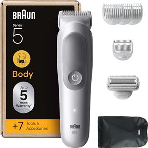 Braun Rasoio Elettrico Corpo Uomo Series 5, +7 Strumenti Cura Corpo, Con Tecnologia SkinGuard, 100 Min Autonomia, Testine SmoothShave & SensitiveTrim, Impermeabile, Rasoio Intimo Uomo, BG5555, Grigio