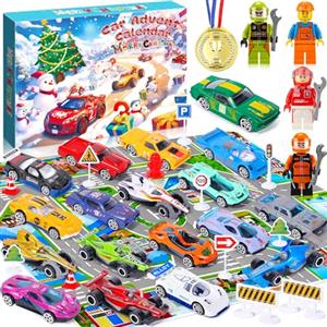 LPAOIS Calendario Avvento Macchinine 2025, 36 Pezzi con 18 Auto Giocattolo, 12 Segnali Stradali,4 Piccolo pedone carino,1 Medaglia,1 Tappeto Città,Calendario dell'Avvento Macchinine,Regalo Bambino 1-6