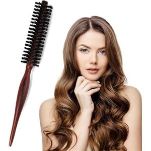 Foyods Spazzola rotonda con setole di cinghiale, piccola rotonda con setole naturali, portatile, spazzola da viaggio con manico in legno, per capelli corti, sottili e lunghi, mini