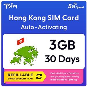 TSIM SIM Hong Kong | Piano Super Economy Ricaricabile 3GB! Attivazione automatica, validità 30 giorni | Velocità 5G + Hotspot | Solo Dati Nessun Numero di Telefono