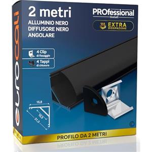 Eurocali Profilo Angolare da 2 metri (2mt) in Alluminio Nero per Strisce LED Copertura Opaca larghezza max striscia led 10.5mm - 15.8 x 15.8