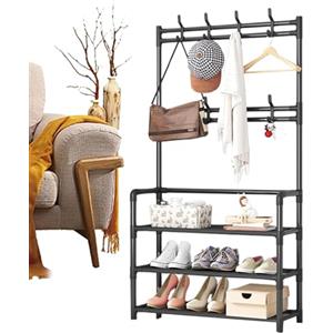 Generico Appendiabiti da Ingresso con 3 Ripiani e 8 Ganci Scaffale Appendiabiti - Portabiti Salvaspazio in Metallo 152x60x26 cm, Scarpiera e Portaoggetti Multifunzionale, Facile da Montare (Nero)