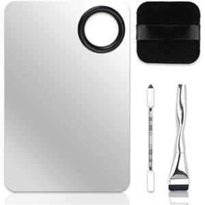 Foyods Set di 4 spatole per make-up con tavolozza di miscelazione/spatola fondotinta/nappa per cipria, spatola in metallo, tavolozza di miscelazione con pennello per fondotinta per cosmetici per donne e