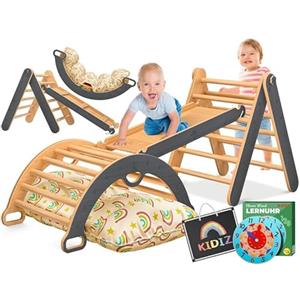 Kidiz® Montessori - Set da gioco 7 in 1 con arco, scivolo da arrampicata, triangolo in legno, con cuscino, lavagna e orologio da apprendimento, parco giochi per interni per bambini a partire da 1 anno