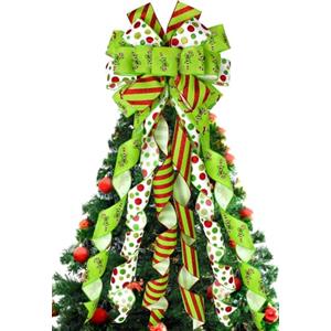 LATERN Rosso Verde Fiocco Puntale per Albero di Natale, 32CM x 113CM Grande Fiocco Natalizio in Velluto con Pois Bastoncini di Zucchero Filanti per Natale Albero Camino Ghirlanda Porta Decorazioni