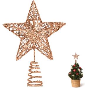 GXFCING Puntale per Albero di Natale, Piccola Punte Stella Champagne 3D Metallizzata Glitterata, Decorazione a Stella Albero di Natale, 15 x 12 cm (champagne, S)