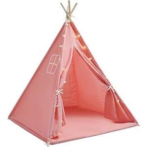 NoneDanGee Tipi Tenda per bambini, tenda per bambini, con tappetino e catena luminosa, tenda da gioco pieghevole in cotone, casetta giocattolo per interni ed esterni, 120 x 120 x 140 cm (rosa)