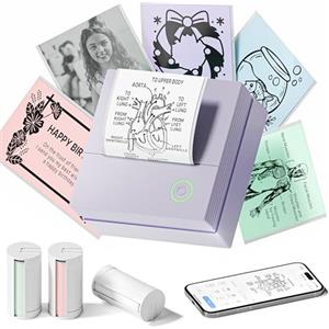 TYPONOS PM290 Mini Stampante Termica, Etichettatrice Bluetooth Portatile con 3 Rotoli di Carta Adesiva, Mini Stampante Fotografica per Note, Diario,Elenco, Ideale per Imparare, Foto, Regali, Viola