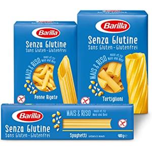 Barilla Pasta Spaghetti N.5 senza Glutine, Pasta Lunga di Mais Bianco + Pasta Penne Rigate Senza Glutine, Pasta Corta di Mais Bianco + Pasta Tortiglioni Senza Glutine, Pasta Corta di Mais Bianco