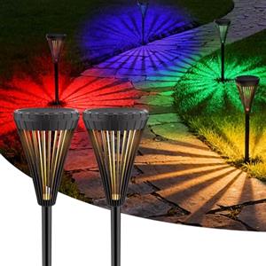 OUSFOT Luci Giardino Energia Solare, RGB e Luce Calda, IP65 Impermeabile Faretti Solari da Illuminazione Giardino, 2 in 1 Lampade Solari per Cortile, Decorazioni Feste, Halloween, Natale, 2 Pezzi