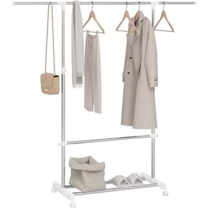 WOLTU Stand Appendiabiti con Ruote, Rella Appendiabiti con Scarpiera, Aste Appendiabiti Estensibili, Altezza Regolabile per Camera da Letto,(90-150) x(113-198) x43 cm, Argentato+Bianco
