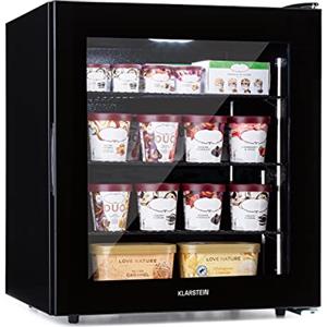 Klarstein IceAge - Freezer, Congelatore con Frontale in Vetro, Termostato a 5 Livelli, da 0 a -18 °C, Piedi Regolabili in Altezza, Alloggiamento in Acciaio, Classe Energetica E, 2 Ripiani, 88 L
