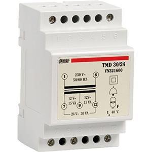 VEMER VN321600 TMD 30/24 - Trasformatore 24V per Campanelli, Installazione su Barra Din, Tensione Primario 230V, Tensione Secondario 12-24V, Potenza 30A, Bianco