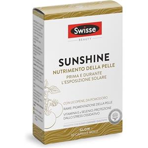 SWISSE Sunshine - Integratore Attivatore Nutrimento Pelle Prima e Durante l'Esposizione Solare, Integratori Pelli Luminose con Vitamina E Antiossidante, Licopene e Minerali, 30 Compresse Made in Italy