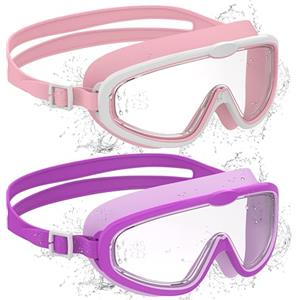 Ambienden 2 Pcs Occhiali Nuoto Bambini, Anti-Fog con Visione Chiara, Protezione UV, Guarnizione in Silicone, Telaio Grande Occhiali da Nuoto Unisex per Bambini da 6 a 14 anni, Pink + Purple