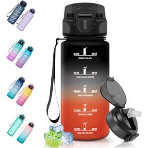 Motswedi Borraccia 0.5L, a Prova di Perdite, Borraccia con Cannuccia, Reutilizables, Senza BPA, Borracce Motivazionale per Palestra, Ufficio, Running, Ciclismo, Nero Rosso