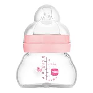 MAM Feel Good A157 Biberon in vetro con tettarella 0 brevettata SkinSoftTM Silicone ultra morbido per neonati da 0 mesi, 90 ml, rosa