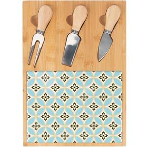 Villa d'Este Home Tivoli Set tagliere e 3 coltelli da formaggio, in legno di bambù, decoro maiolica, 21,5x30,5cm, Valladolid