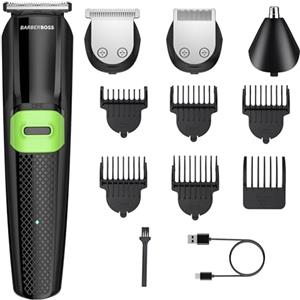 BarberBoss Kit per la cura della barba All-in-One per uomo: tagliacapelli, tagliacapelli per naso e orecchie, Toelettatore senza fili, cura del viso, ricaricabile tramite USB, impermeabile