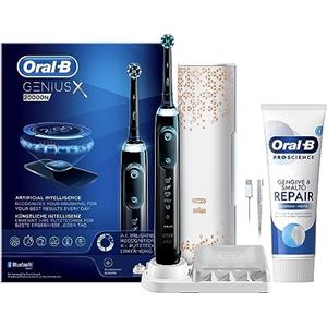 Oral-B Spazzolino Elettrico Ricaricabile Genius X Nero con Intelligenza Artificiale, 1 Testina, 1 Custodia Da Viaggio + 1 Dentifricio Oral-B Gengive & Smalto Repair Classico-Menta 75ml