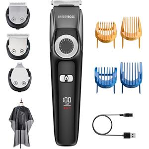 BarberBoss Kit per la cura del viso 3 in 1 per uomo, tagliacapelli da uomo, regolabarba, rifinitore di dettagli, quadrante di controllo di precisione, 4 pettini guida, ricaricabile tramite USB