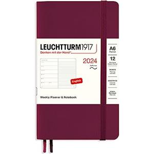 LEUCHTTURM1917 367796 Agenda settimanale e quaderno con copertina morbida Pocket (A6) 2024, 12 mesi, Port Red, Inglese