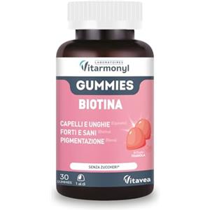 Vitarmonyl Gummies Biotina Capelli e Unghie - Integratori per Capelli - Con Biotina, Rame e Zinco - Crescita, Forza e Lucentezza - Senza Zuccheri - 30 Caramelle Gommose - Gusto Fragola