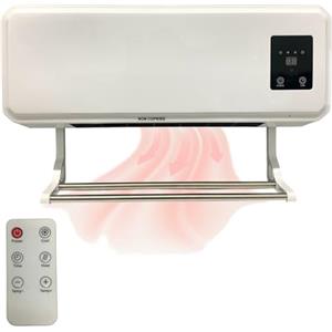 TANIASHOP Stufa Elettrica a Parete Termoventilatore 2000W Aria Calda Fresca con Telecomando Timer 12H Display LCD Digitale Caldobagno Elettrico a Basso Consumo con Supporto Asciugamani/stendino integrato