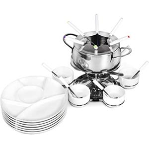 Ribelli Set per fonduta da 28 Pezzi Acciaio Inox 6 x forchette, cucchiai, Piatti, Ciotole per fonduta di Formaggio fonduta di Carne per 6 Persone