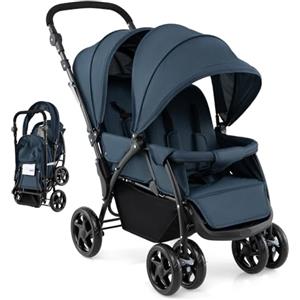 LIFEZEAL Passeggino Gemellare, Doppio, Carrozzina per Bambini, Passeggino da Viaggio, Leggero, Pieghevole, Compatto, Regolabile, Portatile, Reclinabile, Comodo, Max 30 kg, 123x57x95-110 cm (blu)